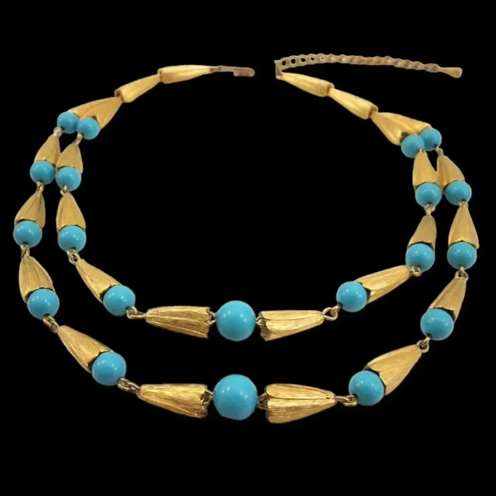 Vintage Faux Turquoise Bead Gold Tone Necklace